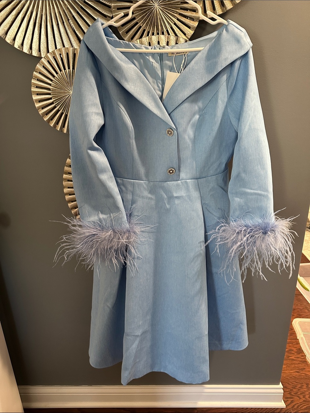 Feather-Cuff Light Blue Long Sleeve Fit & Flare Dress